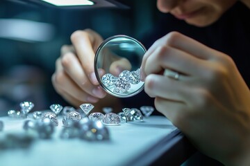 jeweler inspecting diamonds under a magnifying glass, in a luxurious jewelry shop