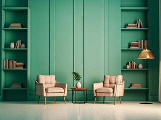 Stylish modern interior with cozy seating and teal accent wall in a living space