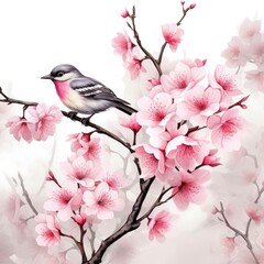 Pink Cherry Blossom Sakura Tree Branches. Traditional Ink Painting Style Illustration of Beautiful Spring Flowers in Japan