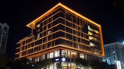 Modern building illuminated at night with golden lights