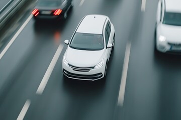White car driving on highway in fast traffic with blurred motion
