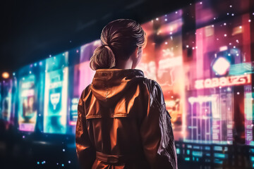 Obraz premium Back View of a Woman Looking at Digital Screen Advertisement