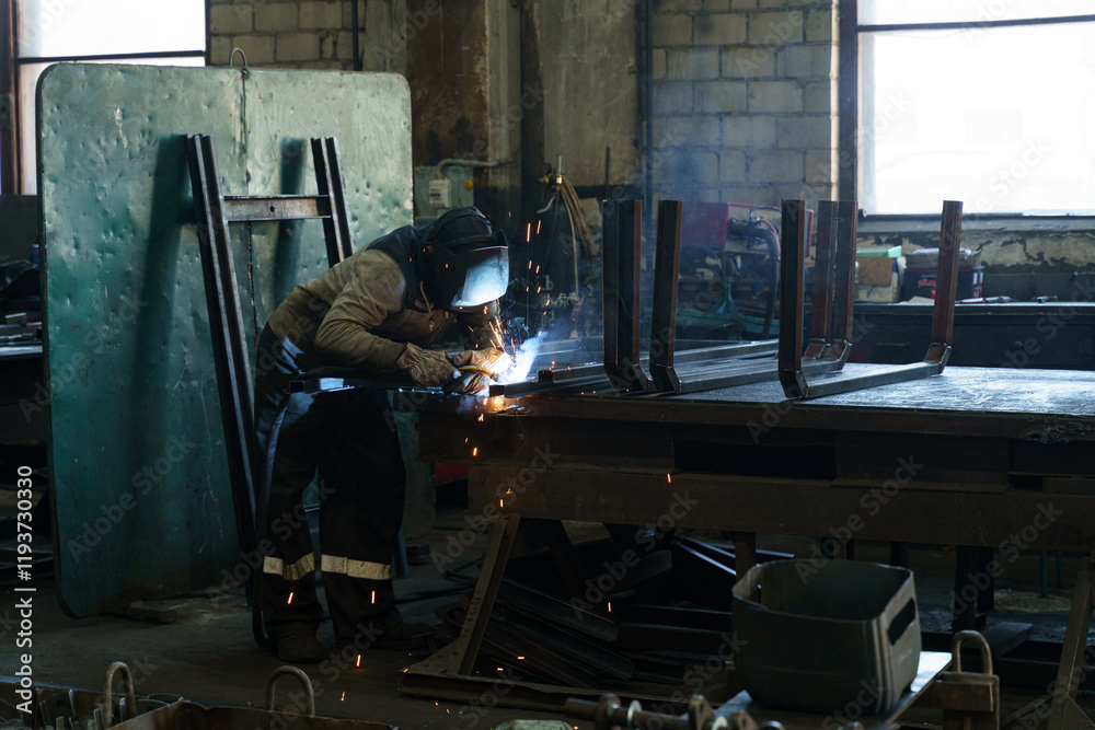 Poster skilled welder crafting metal structures in a bustling workshop environment