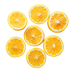 Collection of lemon slices arranged on white background, juicy citrus fruit segments, isolated.