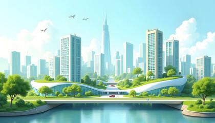 Naklejka premium Sustainable Urban Development: Vector images of modern cities with green spaces, environmentally friendly transportation and innovative architecture.