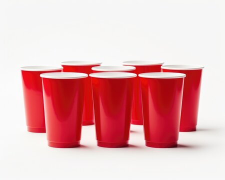 Set the Scene with Red Party Cups - Perfect for Advertising Alcohol and Celebration. Isolated on White Background
