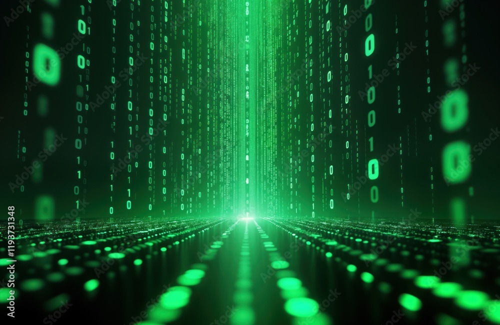 Poster Futuristic digital matrix shows green code falling in cyberspace at night. Abstract digital artwork. Binary code flows in virtual space. High tech glow. No people. Artificial system with complex
