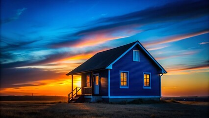Silhouette of Small Blue House with Porch at Sunset