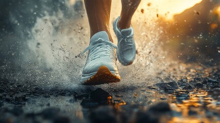 Close-Up of Runner’s Foot on a Rocky Trail in a Mountainous Outdoor Setting.