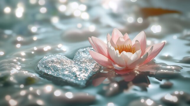 Zarte Lotusbl&uuml;te und funkelndes Herz &ndash; Harmonie auf Wasser