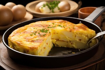 Spanish Tortilla de Patatas in a Pan with Egg and Potato: A Traditional Breakfast Omelet from Spain with Garlic Aioli Sauce