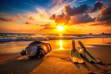 Silhouette of Swimming Flippers and Snorkel Mask on Sandy Beach at Sunset