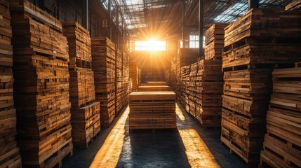 Warm sunlight streaming through an industrial warehouse filled with neatly stacked wooden planks and timber creating a tranquil and rustic atmosphere