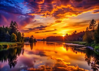 Obraz premium Silhouette of Trees and River at Sunset - Tranquil Nature Landscape