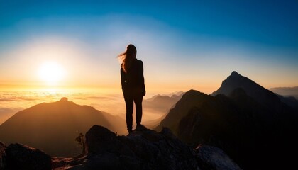 Fototapeta premium Silhouette of female hiker standing on mountain peak, enjoying breathtaking sunrise over mountain peaks and sea of clouds