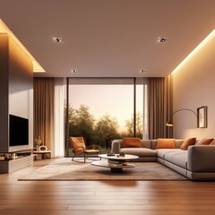 Fototapeta premium Modern living room with large windows and sunset view creating a cozy atmosphere