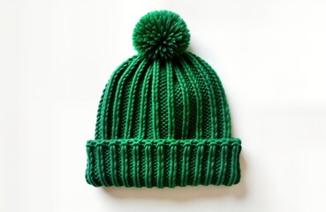 Stylish green knitted beanie with fluffy pompom sits on white background. Warm winter accessory. Perfect for cold weather. Woven from wool. Stylish hat. Fashionable winter wear. Cozy, trendy