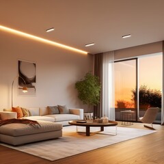 Fototapeta premium Modern living room with sunset view and elegant furnishings