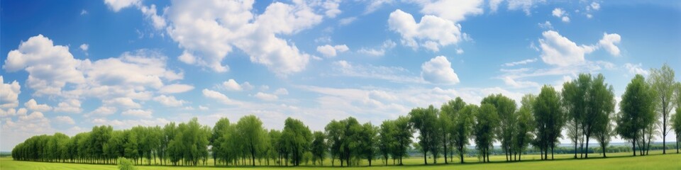 Fototapeta premium Summer Panorama: Trees and Sky over a Green Meadow in a Beautiful Park Landscape