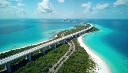 Fototapeta premium Aerial view of Seven Mile Bridge in Florida Keys. Bridge stretches across turquoise water. White sandy beach hugs coastline. Green vegetation borders shore. Sunny day. Tropical paradise. Vacation