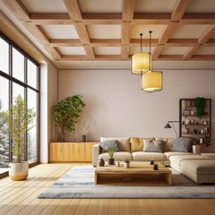 Fototapeta premium Modern living room with natural light and cozy furnishings in a stylish setting
