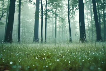 Morning dew glistens on grass in a tranquil forest surrounded by tall trees in early hours of the day
