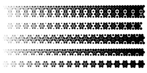 Stipple metaball, organic molecular border pattern. Pixel dots connected to hexagon shape tech frame. Half tone gradient with disperse fade texture. Oval bubble circles, organic line of particle atoms