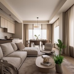 Cozy modern living area with dining space and natural light