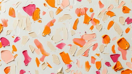 A festive confetti background with dynamic shapes in Tangerine, flamingo pink, and Champagne beige, scattered across a white canvas for a celebratory vibe