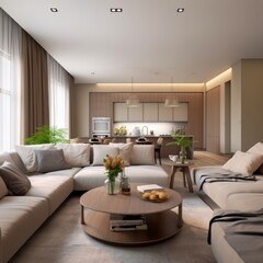 Modern living room interior design with kitchen view and natural elements