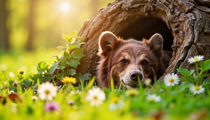 Fototapeta premium Bear cub playing at the entrance of its cozy den on the forest floor at dawn
