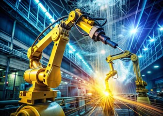 Smart Factory: Robotic Arm Double Exposure, Industry 4.0, Automation, Generative AI
