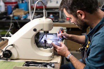 Jeweler using equipment in workshop