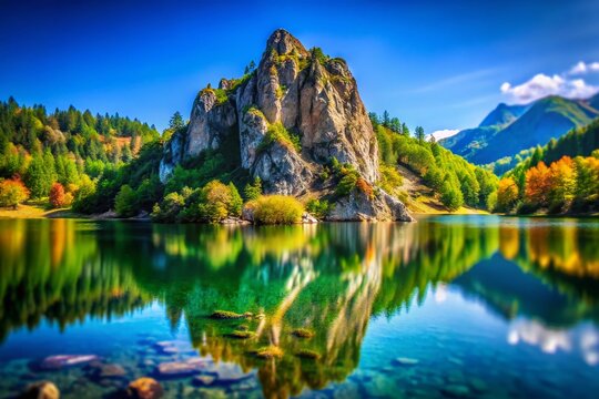 Snina Rock & Morske Oko Lake Reflection: Vihorlat Mountains, Slovakia - Tilt-Shift Photography