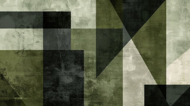 A minimalist geometric pattern with overlapping translucent shapes in Moss green, deep black, and neutral grey, offering a modern and versatile look