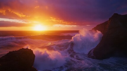 Fototapeta premium A dramatic sunset over a rugged coastal cliff with crashing waves, Coastal scene, Dramatic style