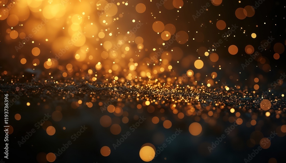 Poster Golden glitter sparkles fall on dark surface. Abstract bokeh lights create beautiful effect. Luxurious, elegant background. Perfect for festive occasions like New Year Christmas. Suitable for website