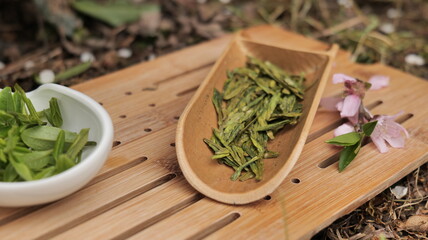 Chinese teapot and cups with longjing tea , Hangzhou China. . High quality photo