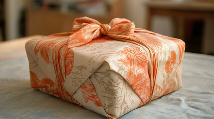 wrapped gift box with a bow lying on a table
