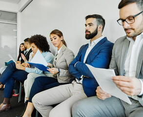 man business chair sitting waiting businessman candidate recruitment office businesswoman woman...