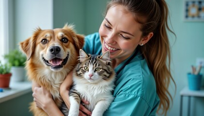 Smiling vet holds happy dog, cat. Friendly vet embraces pets in animal clinic. Focus on pet care, wellness. Scene illustrates veterinary clinic environment. Positive interaction between people,