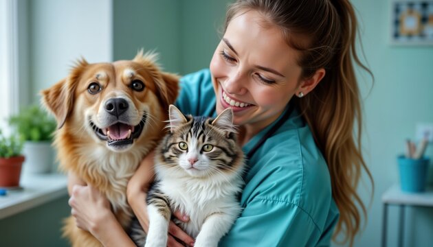 Smiling vet holds happy dog, cat. Friendly vet embraces pets in animal clinic. Focus on pet care, wellness. Scene illustrates veterinary clinic environment. Positive interaction between people,