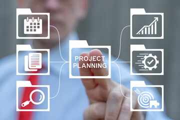 Business developer using virtual touch screen push inscription: PROJECT PLANNING. Agile software development lean project planning and management business concept.