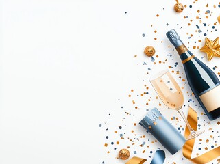 A festive arrangement featuring a bottle of champagne, a glass, and decorative elements like confetti and ribbons, perfect for celebratory occasions and New Year's Eve.