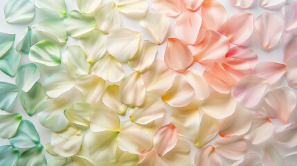 Fototapeta premium A spring-inspired floral background with blooming petals in pastel pink, Butter yellow, and Moss green, set against a soft white gradient for a cheerful and light design