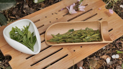 Chinese teapot and cups with longjing tea , Hangzhou China. . High quality photo