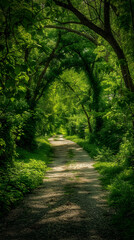 Fototapeta premium Serene Canopy: A Picturesque Hiking Trail Enveloped in Lush Greenery in Kansas City
