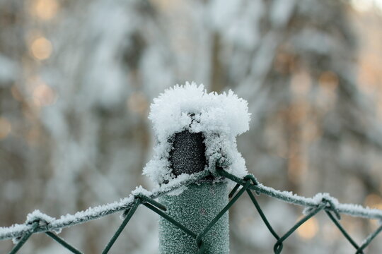 wire mesch fence frozen in winter