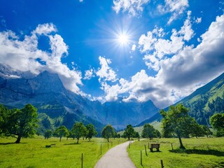 Alpe Grosser Ahornboden. Karwendel Mountains near Eng Alpe in the valley of Rissbach Creek in Tyrol. Austria