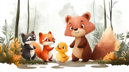 Cute cartoon animals in the form of a group. illustration